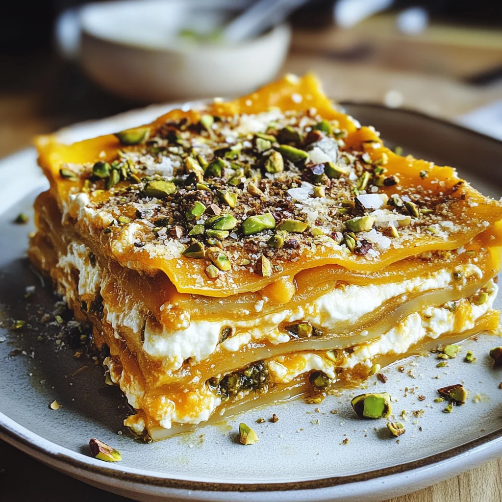 Cremige Kürbislasagne mit Ricotta und Pistazien