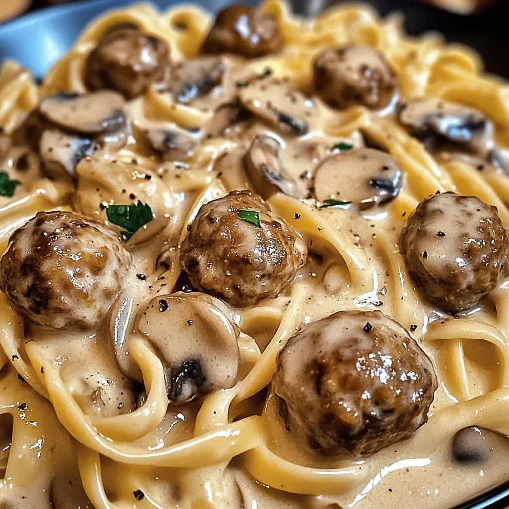 Cremige Pasta in Pilz-Sahne-Sauce mit Hackfleischbällchen