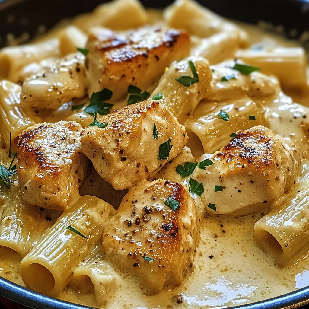 Cremiges Knoblauchbutter-Huhn und Rigatoni in Parmesan-Soße