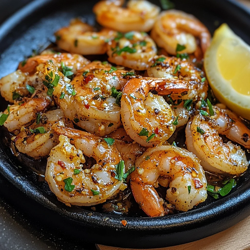 Gebratene Garnelen mit Knoblauch aus der Pfanne