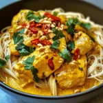 Cremiges thailändisches Kurkuma Hähnchen mit Nudeln