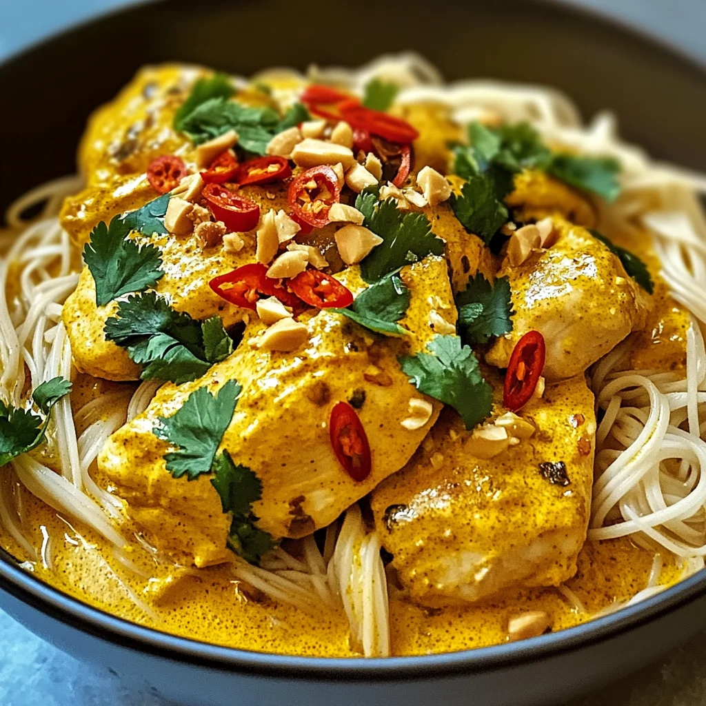 Cremiges thailändisches Kurkuma Hähnchen mit Nudeln