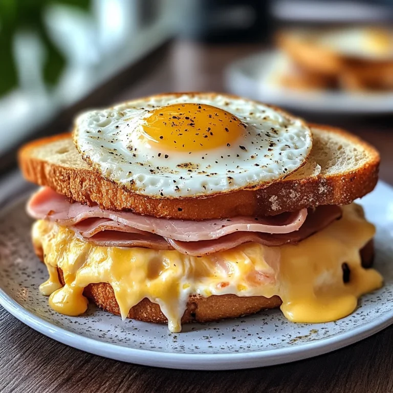 Croque Madame Sandwich mit heißem Käse, Karoschinken und Spiegelei