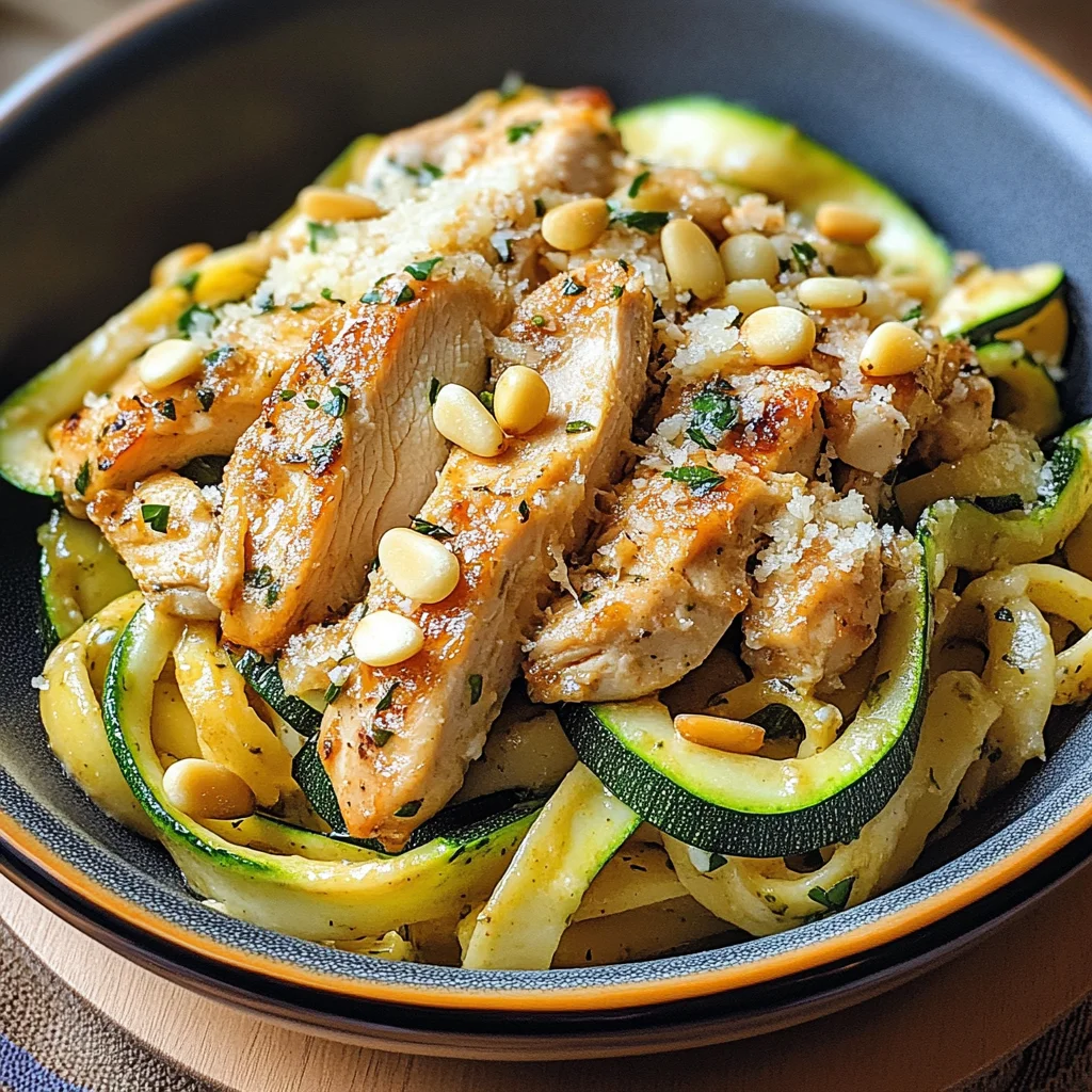 Zucchini Parmesan Pasta mit Hähnchen und Pinienkernen